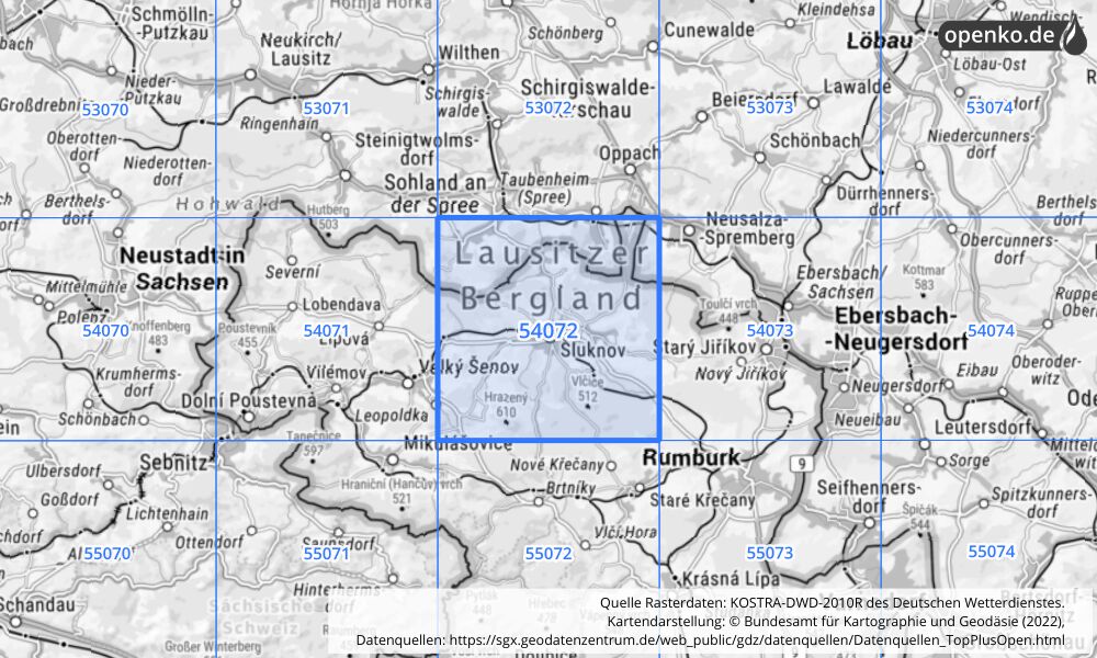 Übersichtskarte KOSTRA-DWD-2010R Rasterfeld Nr. 54072 mit angrenzenden Feldern