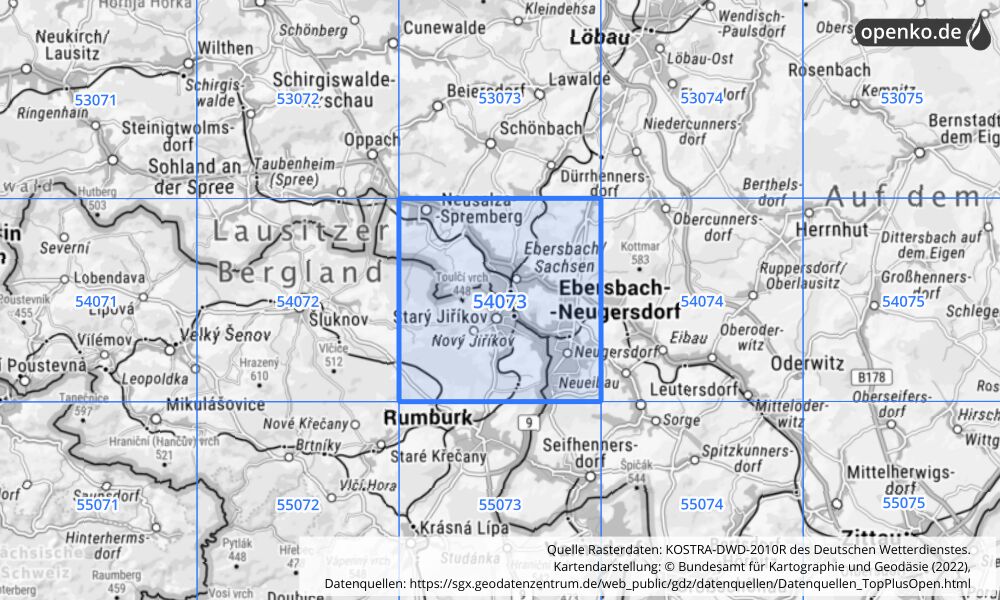 Übersichtskarte KOSTRA-DWD-2010R Rasterfeld Nr. 54073 mit angrenzenden Feldern