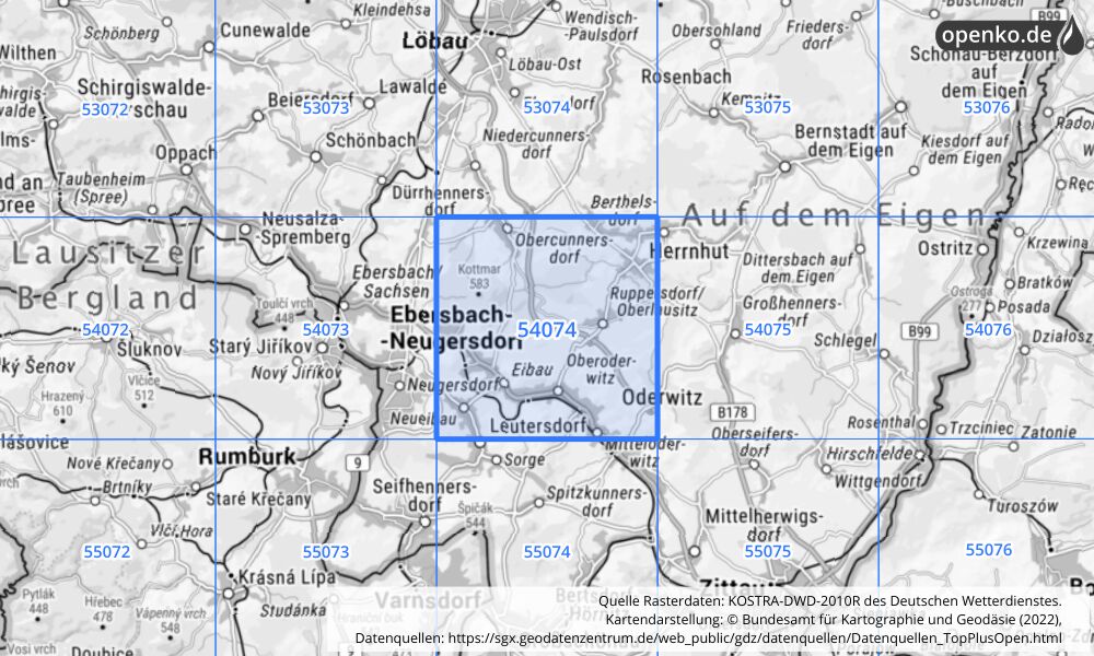 Übersichtskarte KOSTRA-DWD-2010R Rasterfeld Nr. 54074 mit angrenzenden Feldern