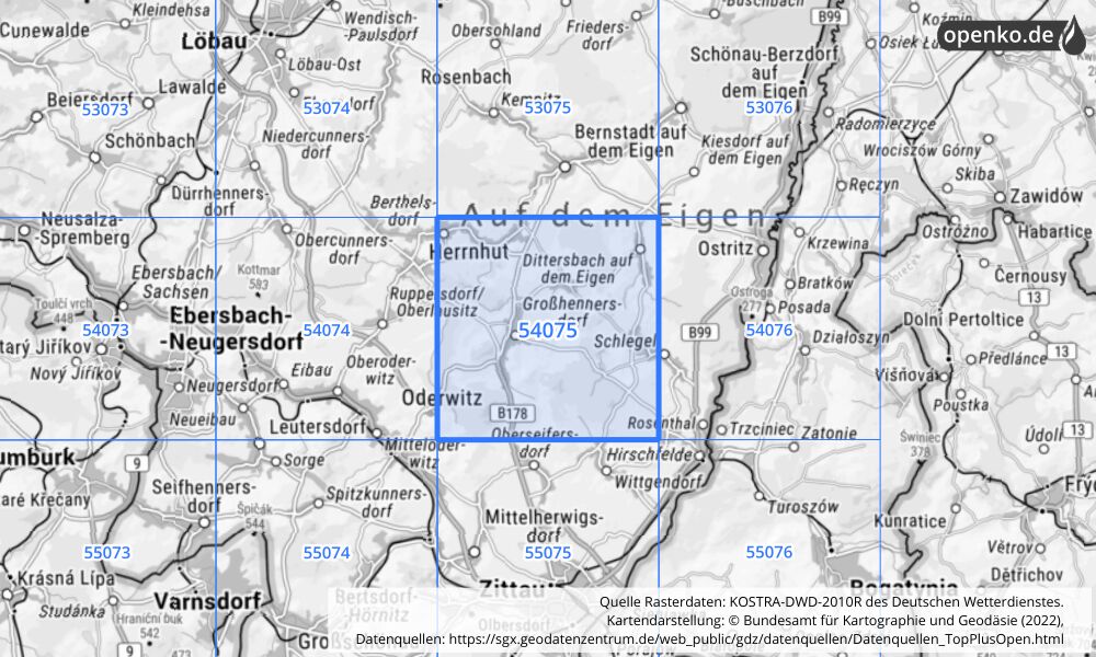 Übersichtskarte KOSTRA-DWD-2010R Rasterfeld Nr. 54075 mit angrenzenden Feldern