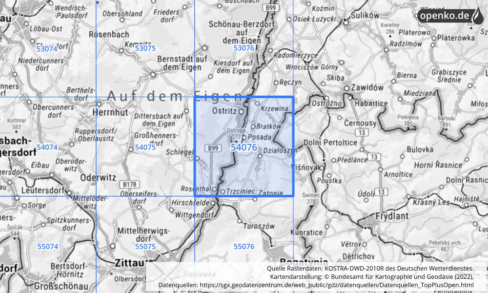 Übersichtskarte KOSTRA-DWD-2010R Rasterfeld Nr. 54076 mit angrenzenden Feldern