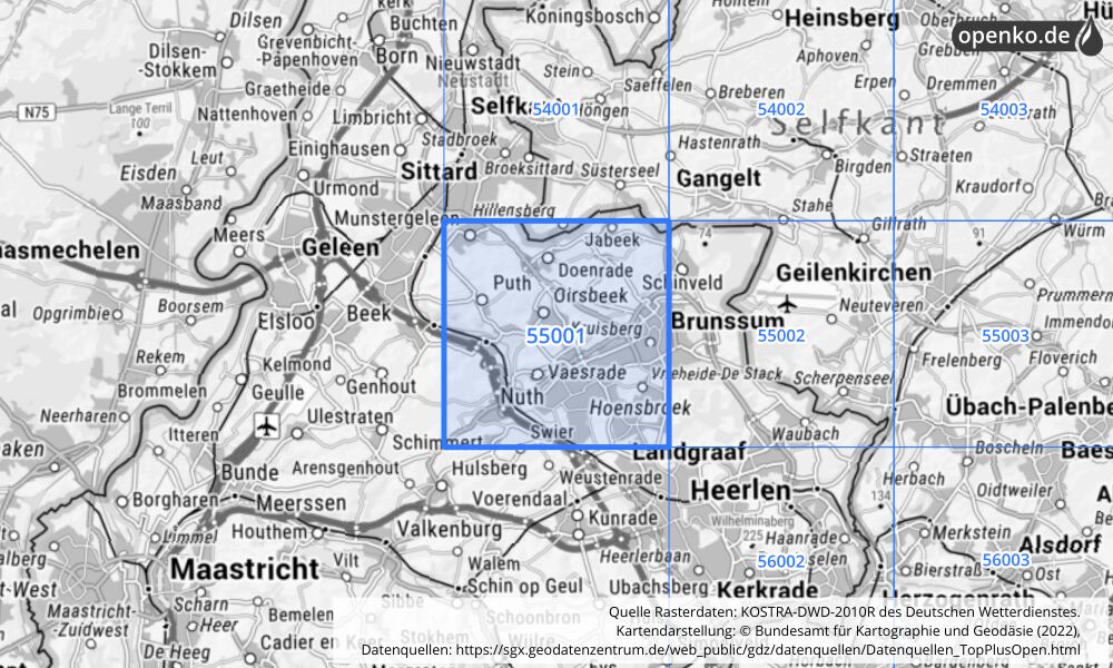 Übersichtskarte KOSTRA-DWD-2010R Rasterfeld Nr. 55001 mit angrenzenden Feldern