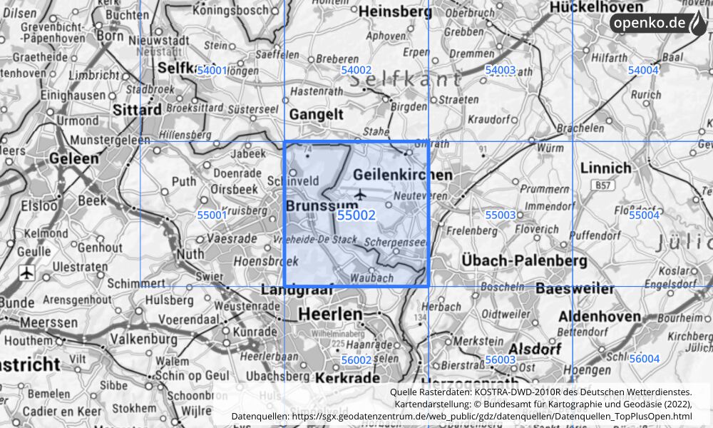 Übersichtskarte KOSTRA-DWD-2010R Rasterfeld Nr. 55002 mit angrenzenden Feldern