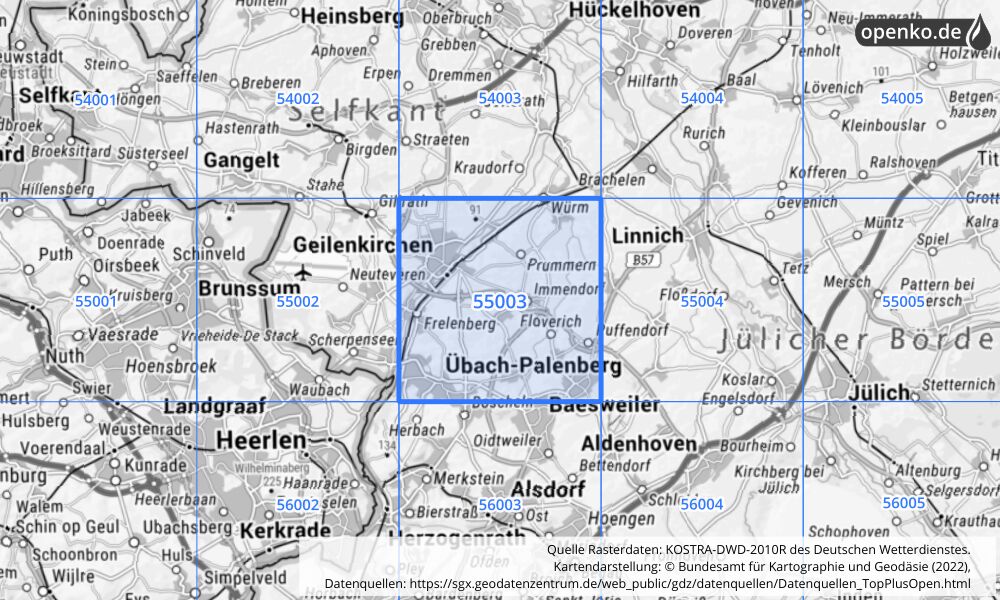 Übersichtskarte KOSTRA-DWD-2010R Rasterfeld Nr. 55003 mit angrenzenden Feldern