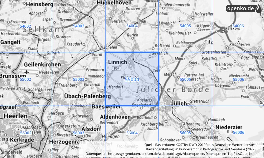 Übersichtskarte KOSTRA-DWD-2010R Rasterfeld Nr. 55004 mit angrenzenden Feldern