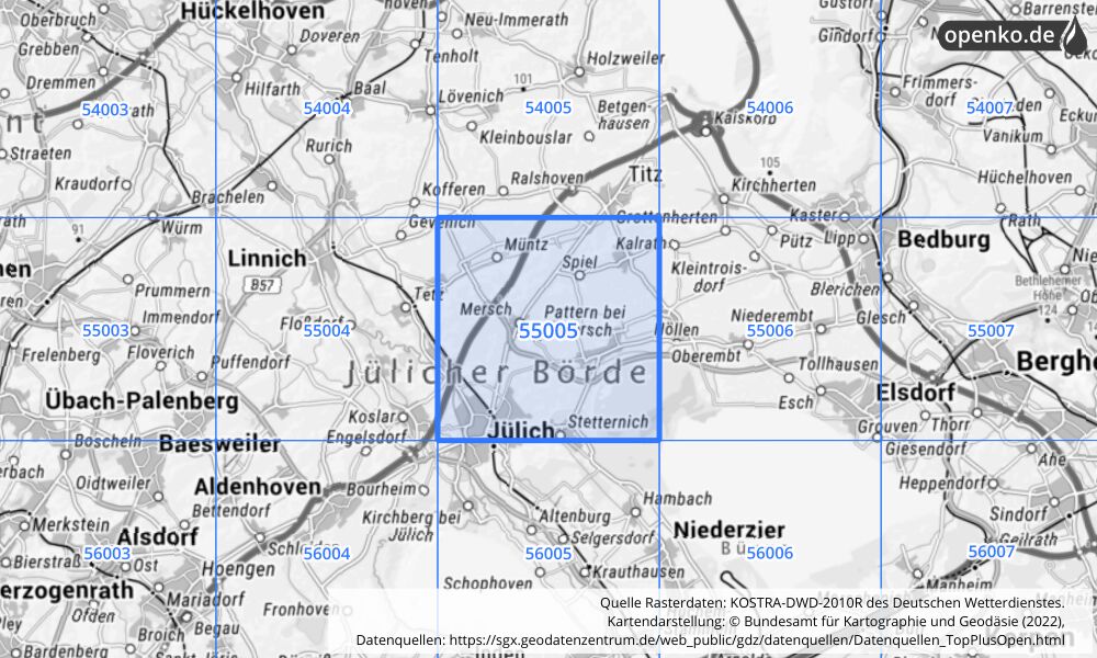 Übersichtskarte KOSTRA-DWD-2010R Rasterfeld Nr. 55005 mit angrenzenden Feldern