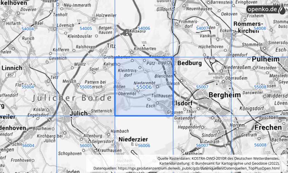 Übersichtskarte KOSTRA-DWD-2010R Rasterfeld Nr. 55006 mit angrenzenden Feldern