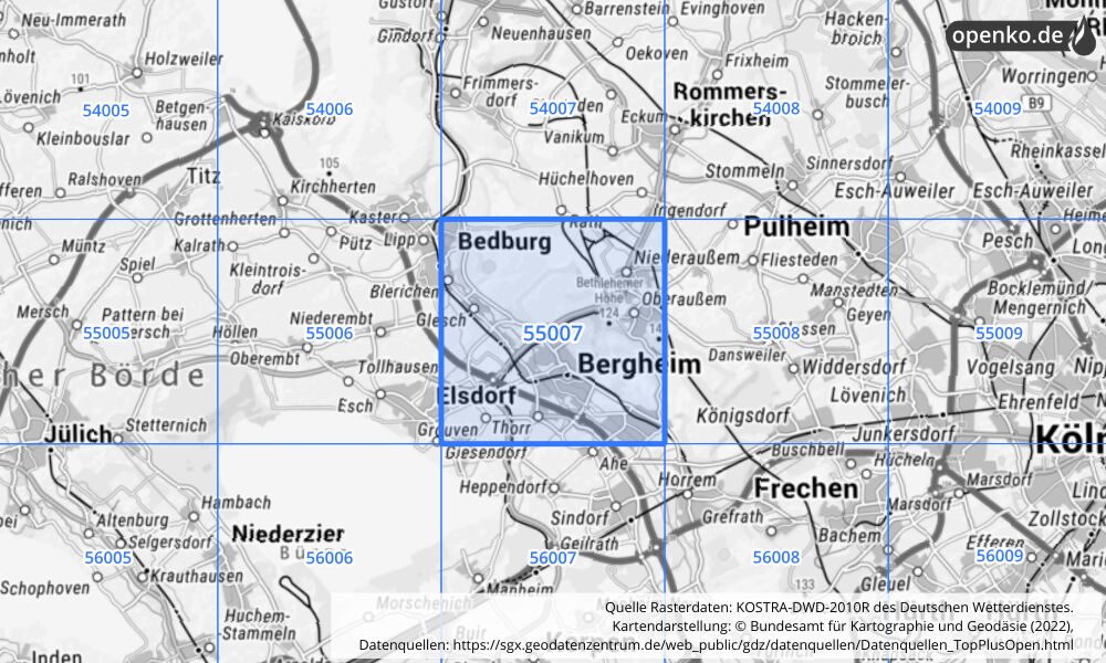 Übersichtskarte KOSTRA-DWD-2010R Rasterfeld Nr. 55007 mit angrenzenden Feldern