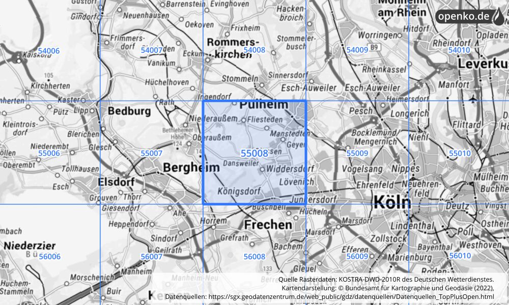 Übersichtskarte KOSTRA-DWD-2010R Rasterfeld Nr. 55008 mit angrenzenden Feldern