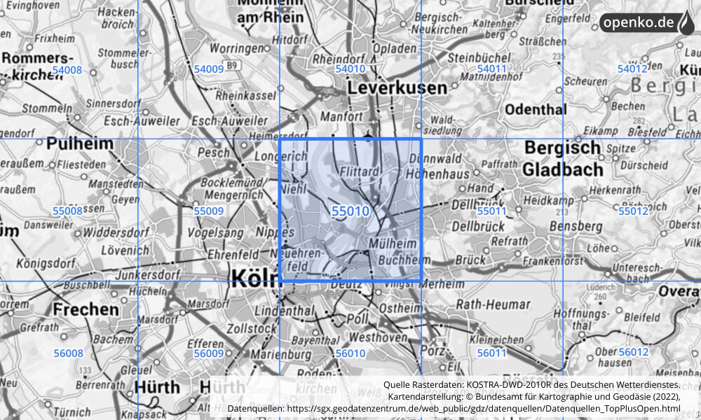 Übersichtskarte KOSTRA-DWD-2010R Rasterfeld Nr. 55010 mit angrenzenden Feldern