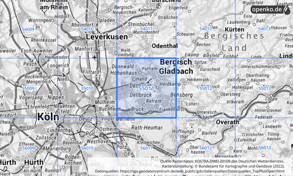 Übersichtskarte KOSTRA-DWD-2010R Rasterfeld Nr. 55011 mit angrenzenden Feldern