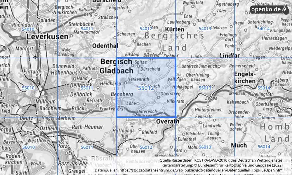 Übersichtskarte KOSTRA-DWD-2010R Rasterfeld Nr. 55012 mit angrenzenden Feldern