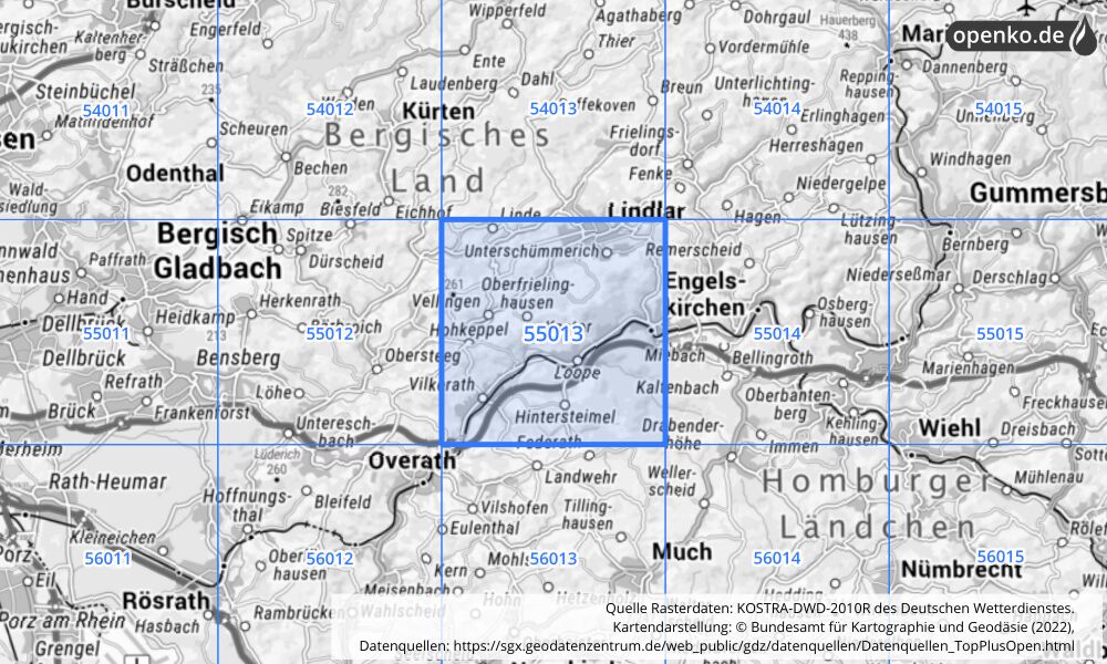 Übersichtskarte KOSTRA-DWD-2010R Rasterfeld Nr. 55013 mit angrenzenden Feldern