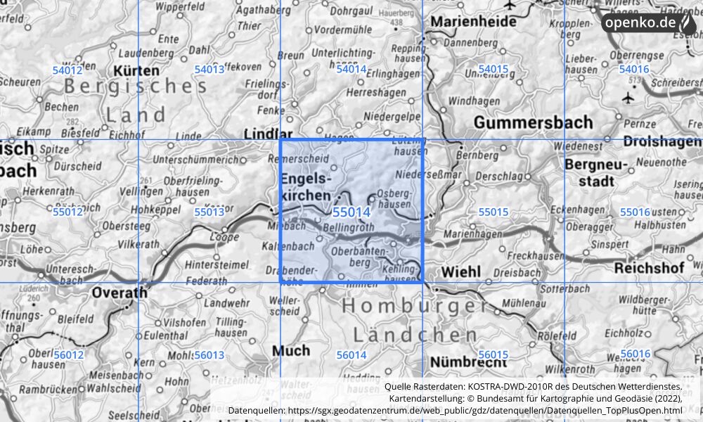 Übersichtskarte KOSTRA-DWD-2010R Rasterfeld Nr. 55014 mit angrenzenden Feldern