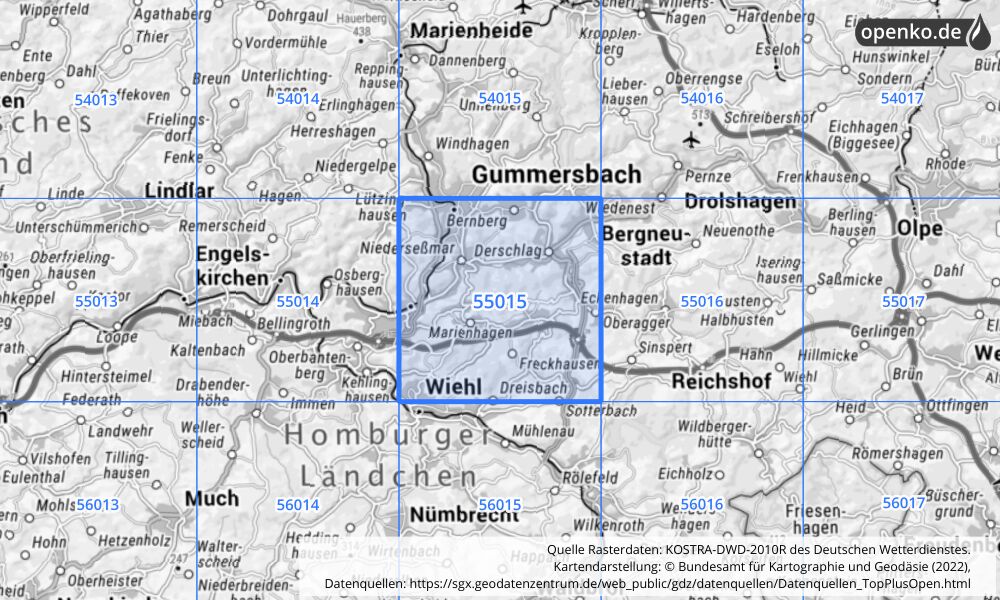 Übersichtskarte KOSTRA-DWD-2010R Rasterfeld Nr. 55015 mit angrenzenden Feldern