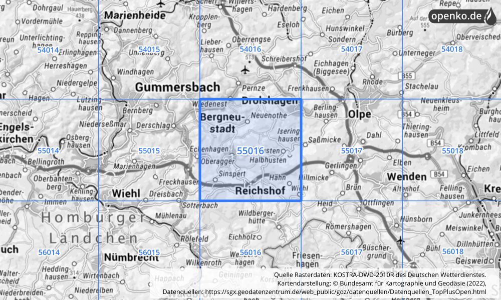 Übersichtskarte KOSTRA-DWD-2010R Rasterfeld Nr. 55016 mit angrenzenden Feldern