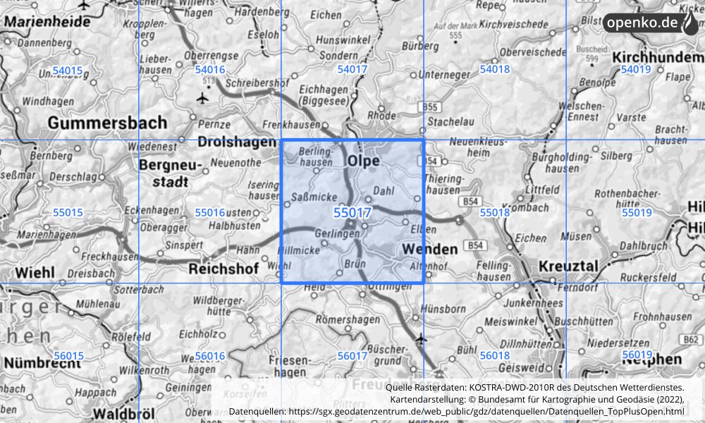 Übersichtskarte KOSTRA-DWD-2010R Rasterfeld Nr. 55017 mit angrenzenden Feldern