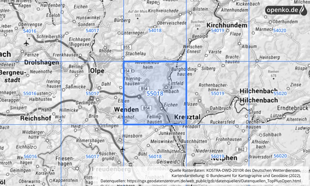 Übersichtskarte KOSTRA-DWD-2010R Rasterfeld Nr. 55018 mit angrenzenden Feldern