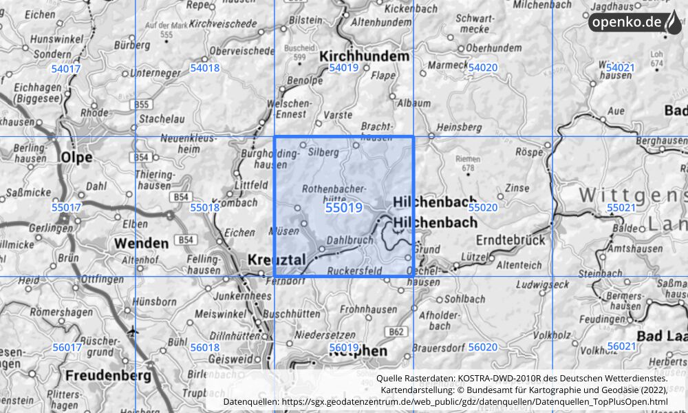 Übersichtskarte KOSTRA-DWD-2010R Rasterfeld Nr. 55019 mit angrenzenden Feldern