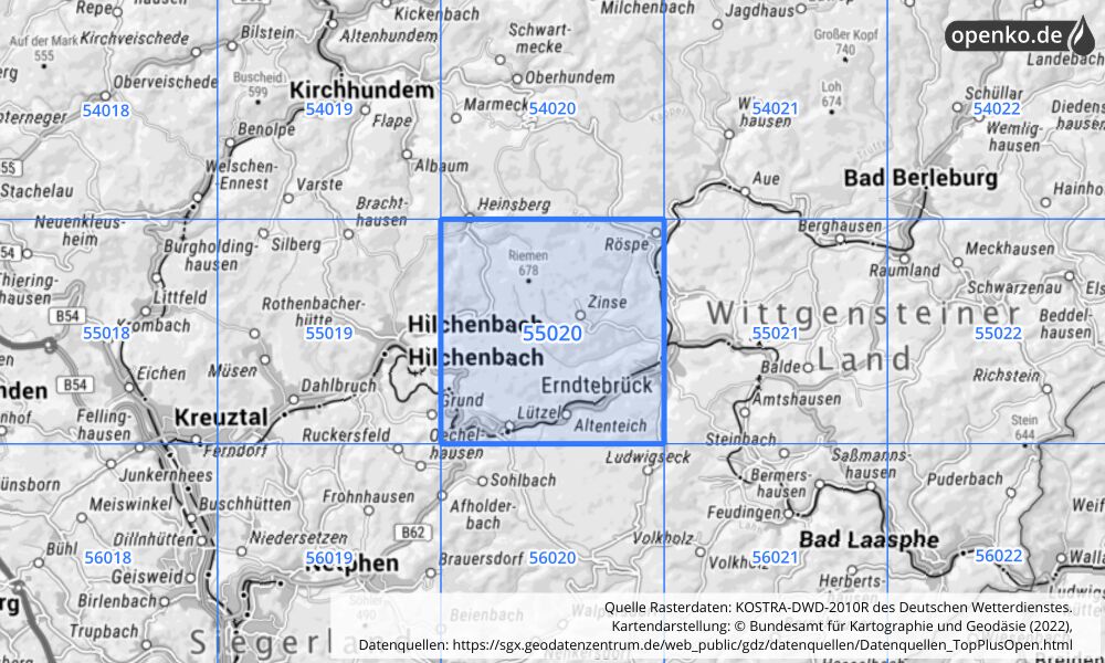 Übersichtskarte KOSTRA-DWD-2010R Rasterfeld Nr. 55020 mit angrenzenden Feldern