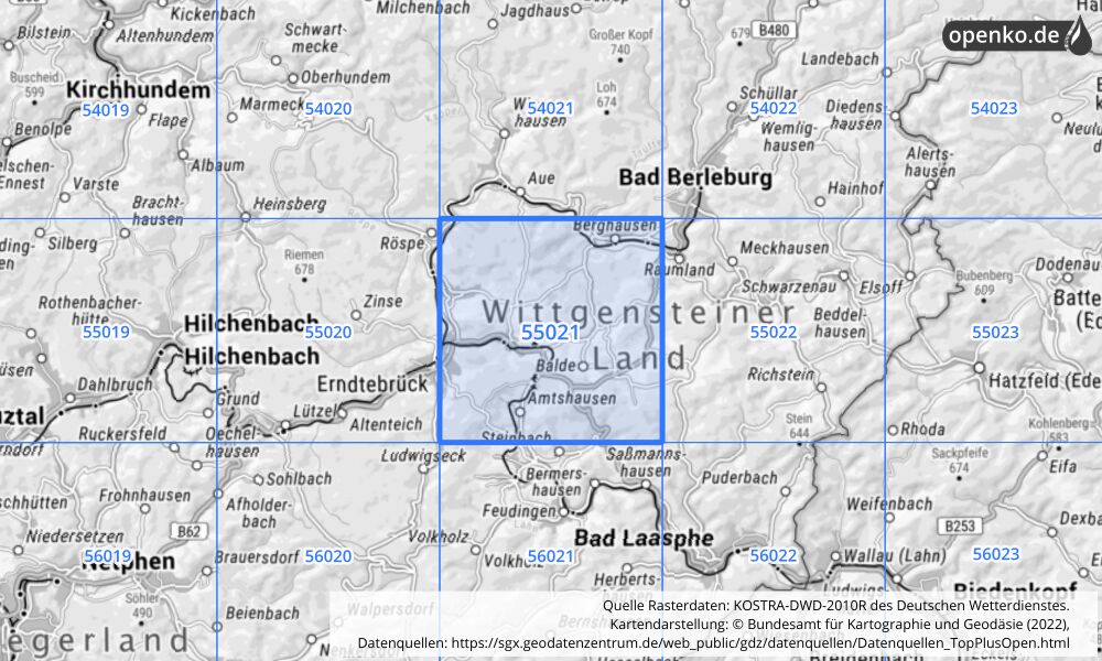 Übersichtskarte KOSTRA-DWD-2010R Rasterfeld Nr. 55021 mit angrenzenden Feldern