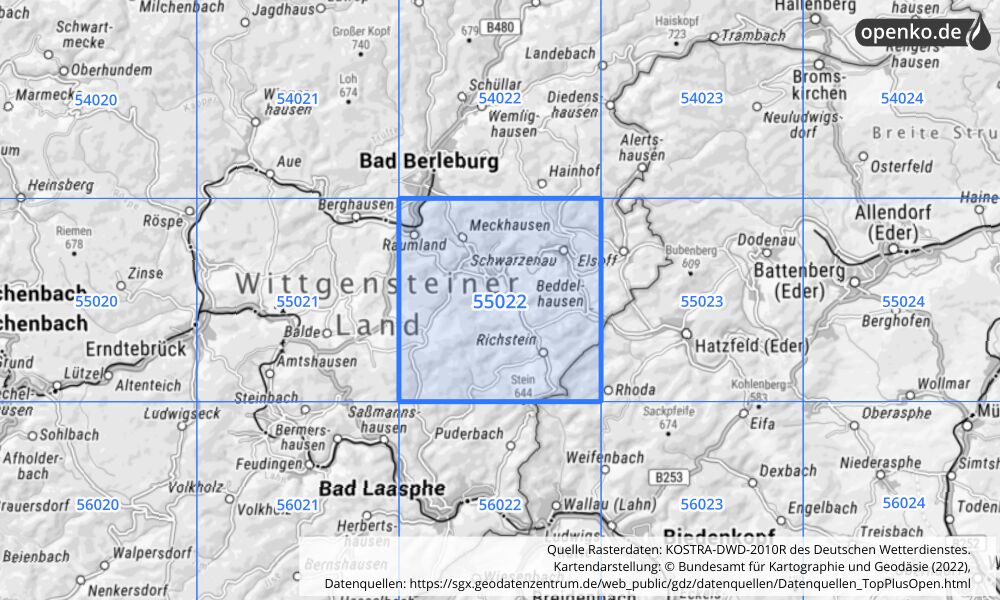 Übersichtskarte KOSTRA-DWD-2010R Rasterfeld Nr. 55022 mit angrenzenden Feldern