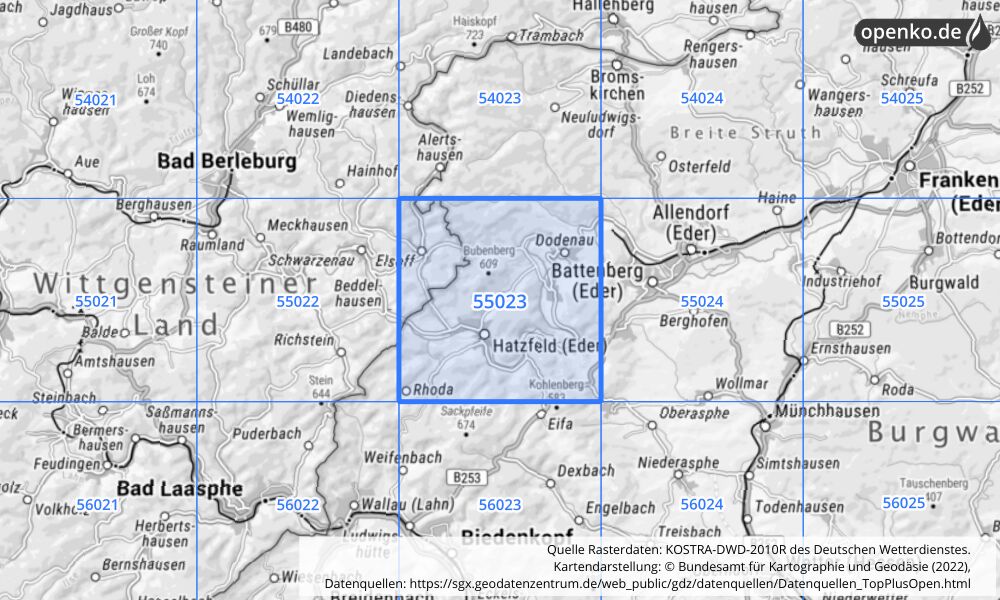 Übersichtskarte KOSTRA-DWD-2010R Rasterfeld Nr. 55023 mit angrenzenden Feldern