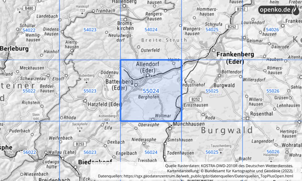 Übersichtskarte KOSTRA-DWD-2010R Rasterfeld Nr. 55024 mit angrenzenden Feldern