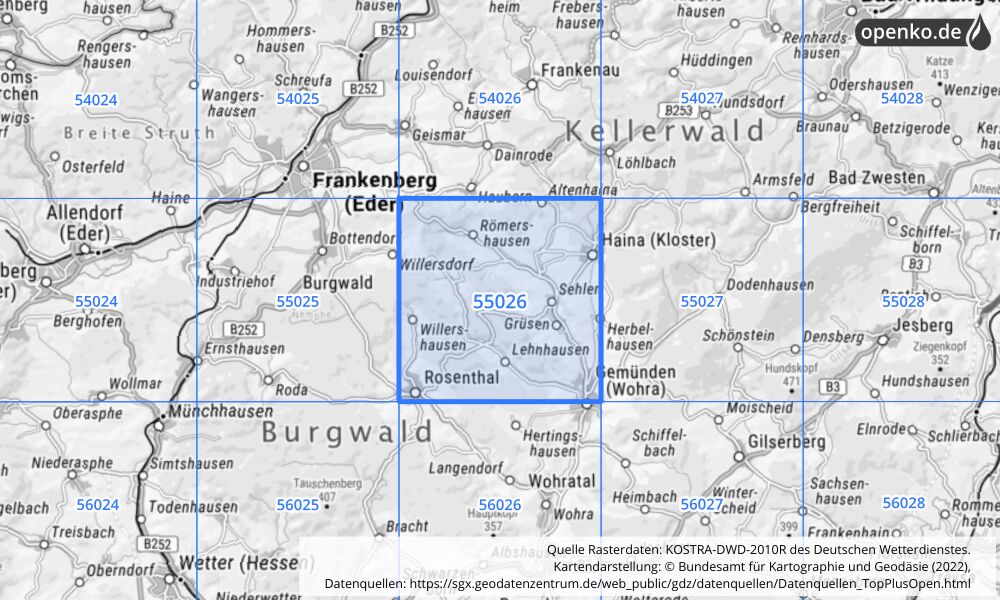 Übersichtskarte KOSTRA-DWD-2010R Rasterfeld Nr. 55026 mit angrenzenden Feldern