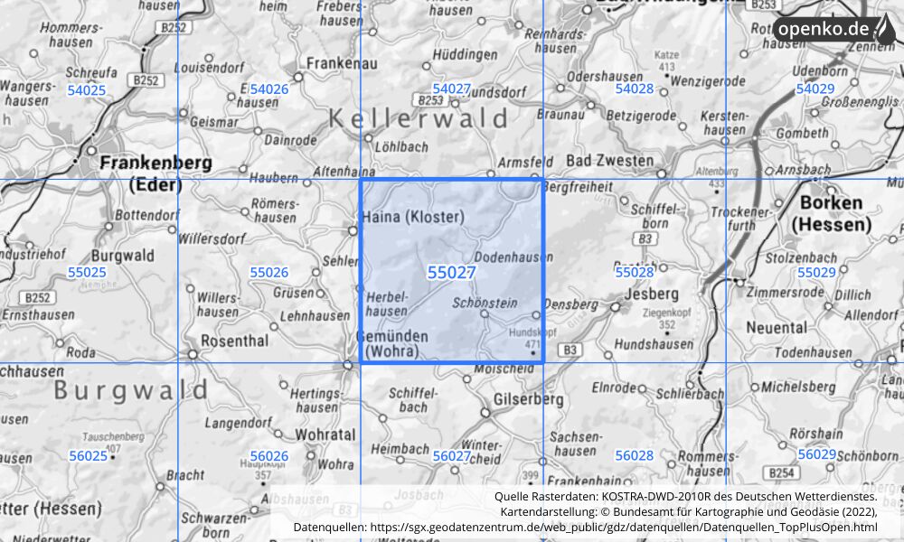 Übersichtskarte KOSTRA-DWD-2010R Rasterfeld Nr. 55027 mit angrenzenden Feldern