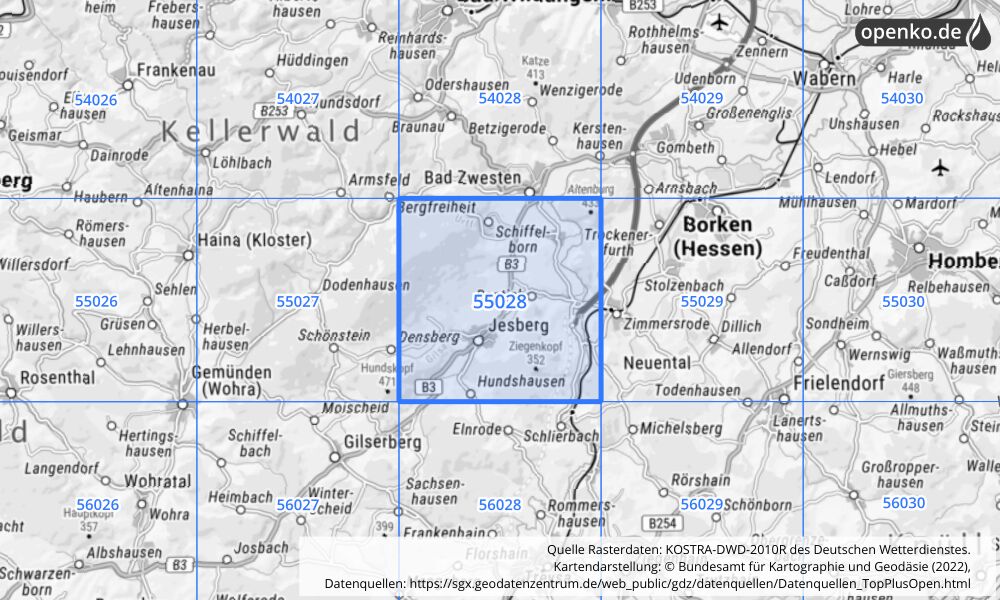 Übersichtskarte KOSTRA-DWD-2010R Rasterfeld Nr. 55028 mit angrenzenden Feldern