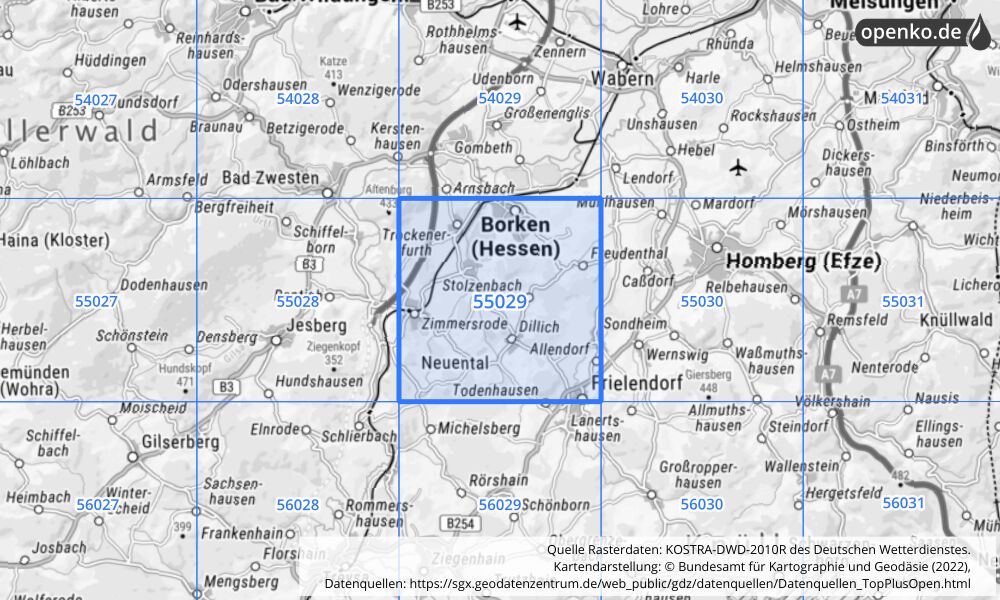 Übersichtskarte KOSTRA-DWD-2010R Rasterfeld Nr. 55029 mit angrenzenden Feldern