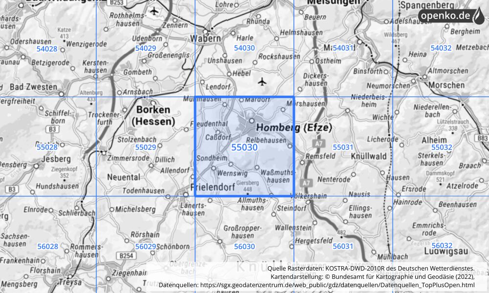 Übersichtskarte KOSTRA-DWD-2010R Rasterfeld Nr. 55030 mit angrenzenden Feldern