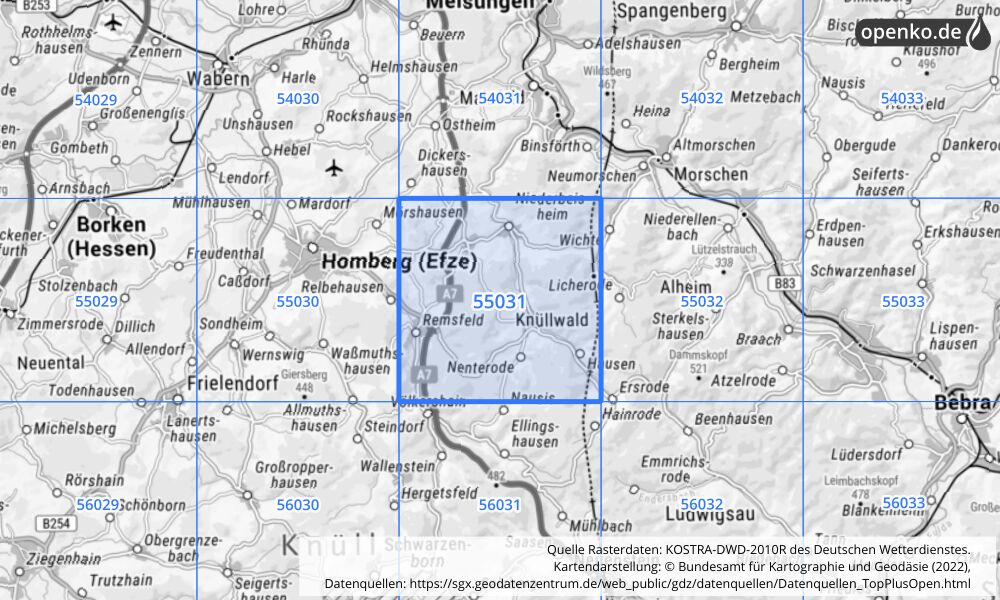 Übersichtskarte KOSTRA-DWD-2010R Rasterfeld Nr. 55031 mit angrenzenden Feldern