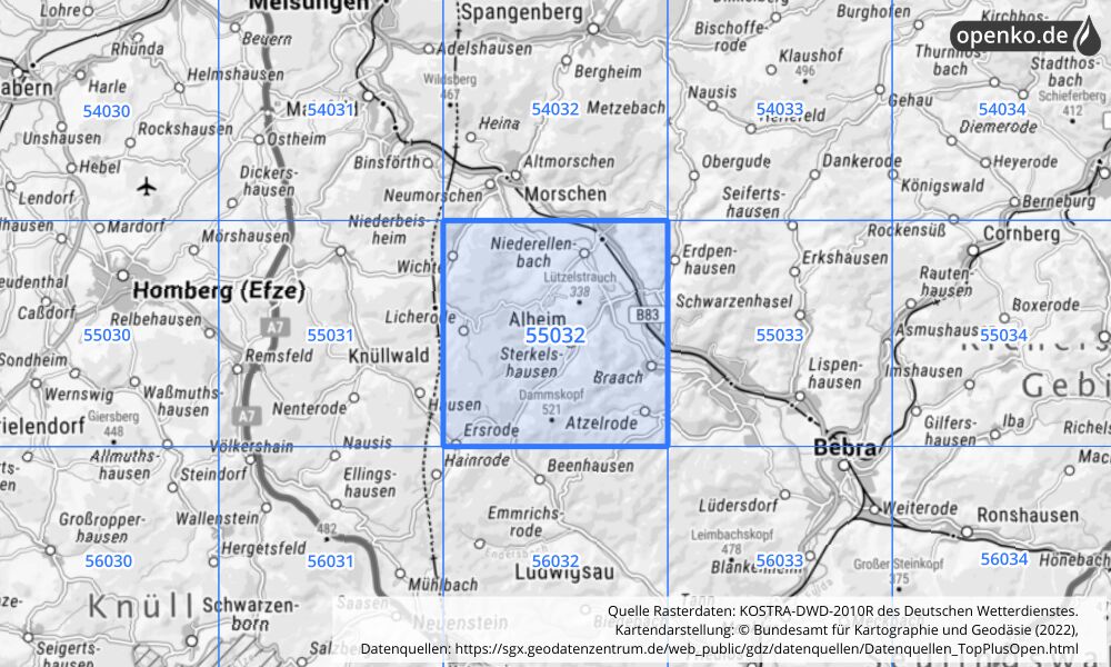 Übersichtskarte KOSTRA-DWD-2010R Rasterfeld Nr. 55032 mit angrenzenden Feldern