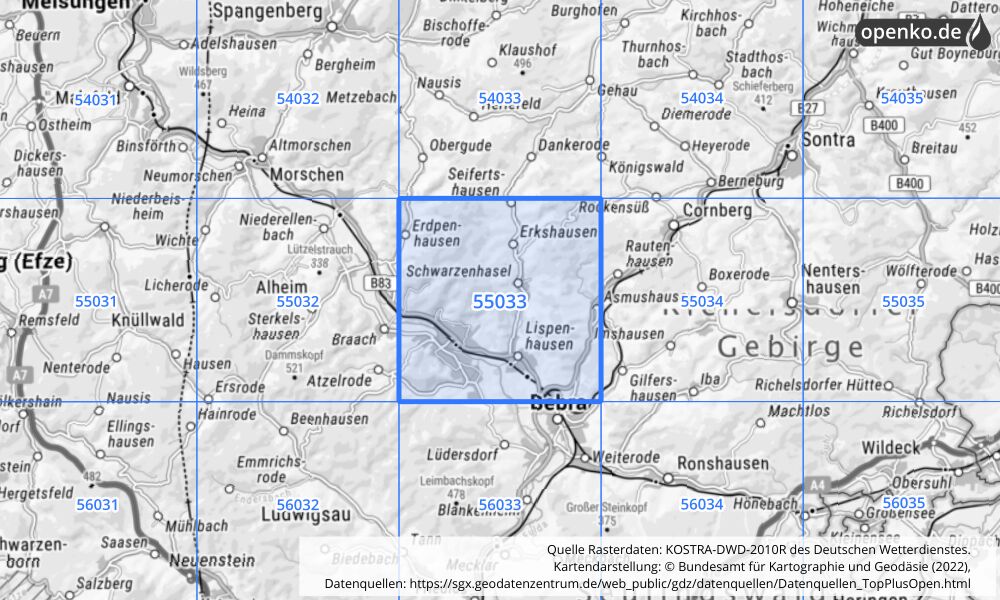 Übersichtskarte KOSTRA-DWD-2010R Rasterfeld Nr. 55033 mit angrenzenden Feldern