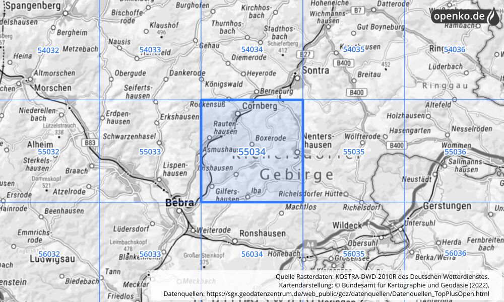 Übersichtskarte KOSTRA-DWD-2010R Rasterfeld Nr. 55034 mit angrenzenden Feldern