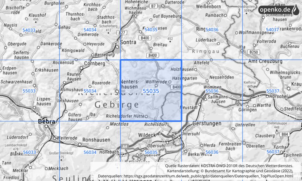 Übersichtskarte KOSTRA-DWD-2010R Rasterfeld Nr. 55035 mit angrenzenden Feldern