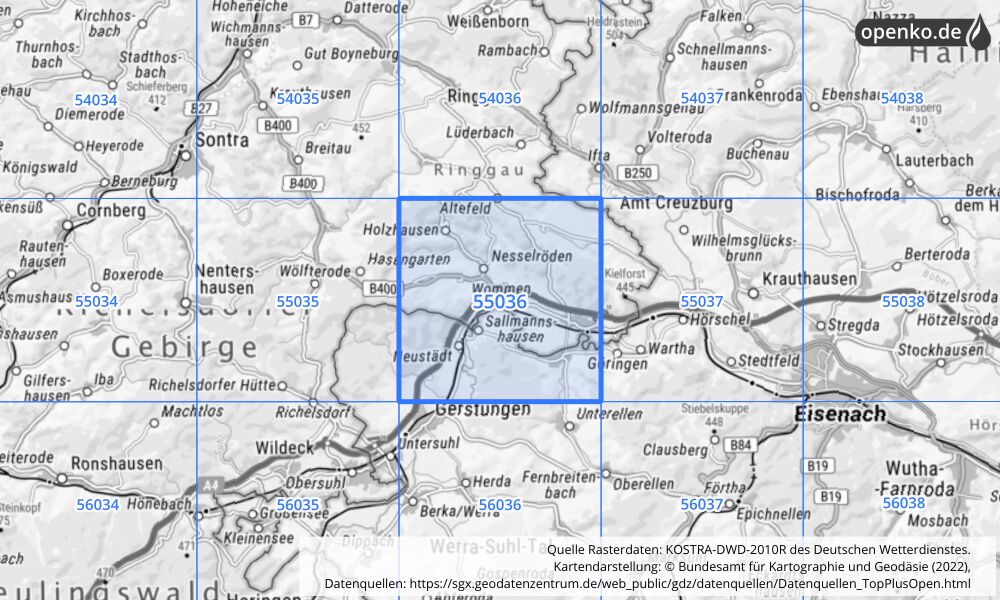 Übersichtskarte KOSTRA-DWD-2010R Rasterfeld Nr. 55036 mit angrenzenden Feldern