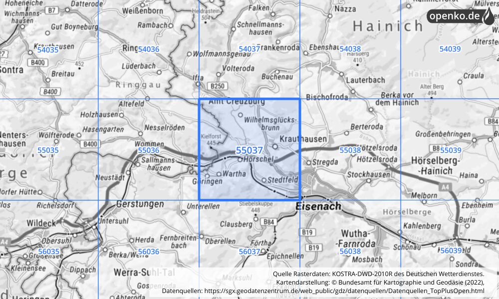 Übersichtskarte KOSTRA-DWD-2010R Rasterfeld Nr. 55037 mit angrenzenden Feldern