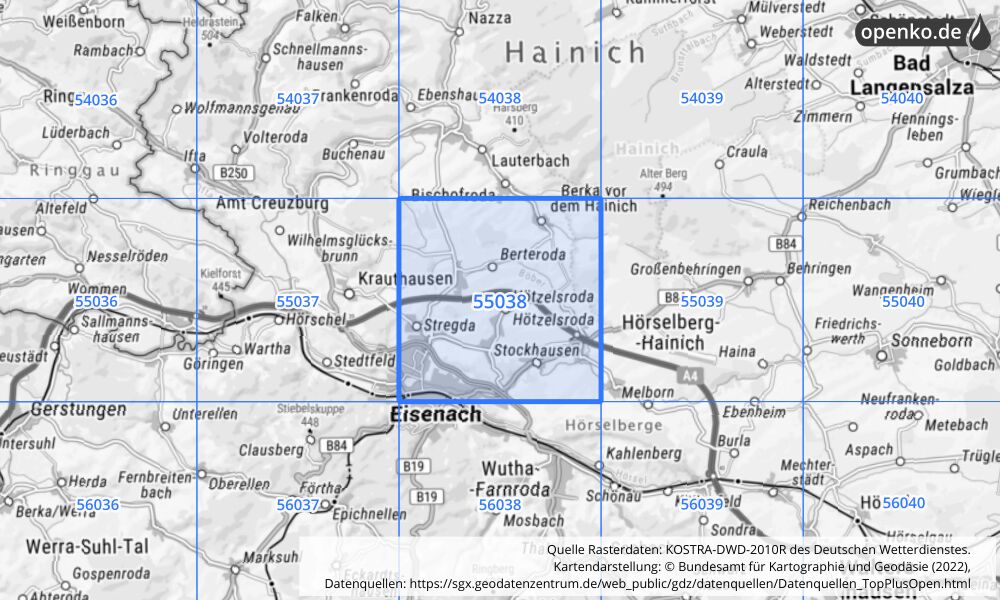 Übersichtskarte KOSTRA-DWD-2010R Rasterfeld Nr. 55038 mit angrenzenden Feldern