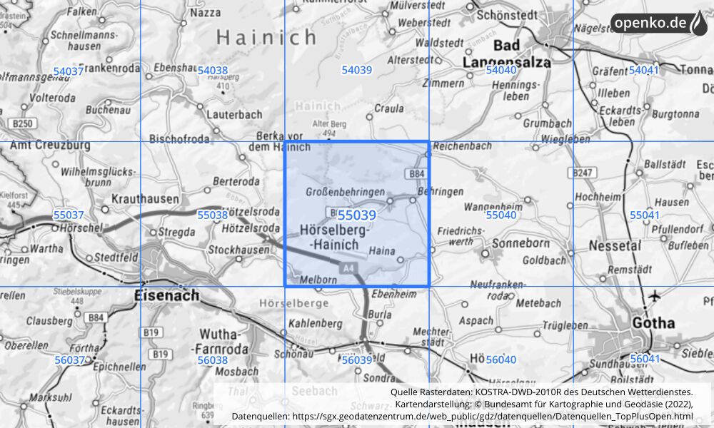 Übersichtskarte KOSTRA-DWD-2010R Rasterfeld Nr. 55039 mit angrenzenden Feldern