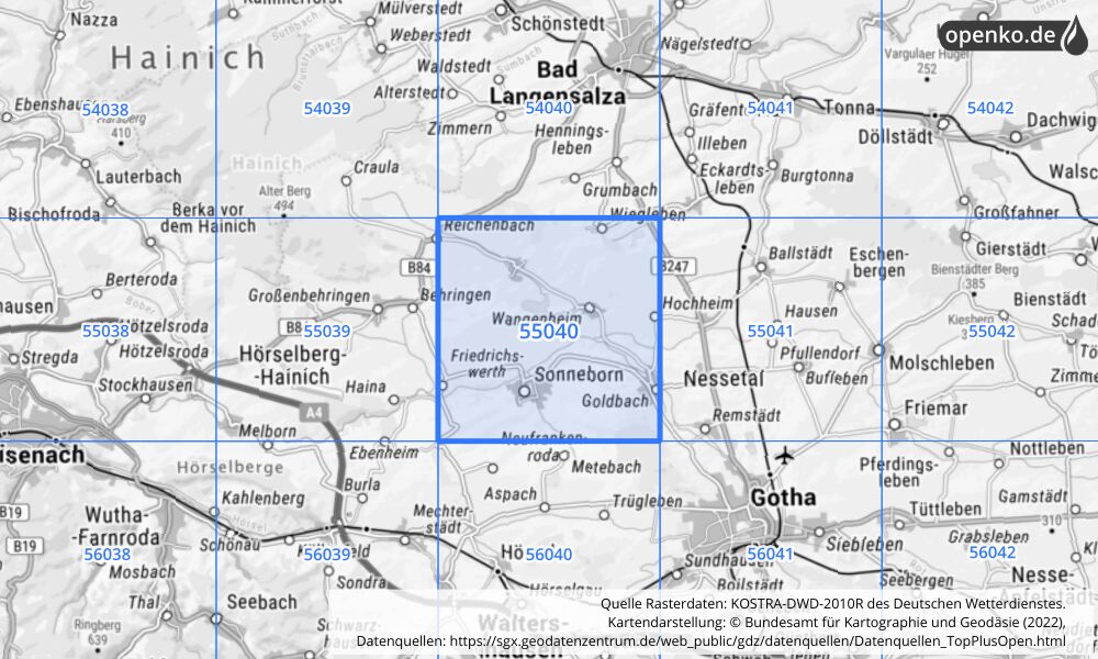 Übersichtskarte KOSTRA-DWD-2010R Rasterfeld Nr. 55040 mit angrenzenden Feldern