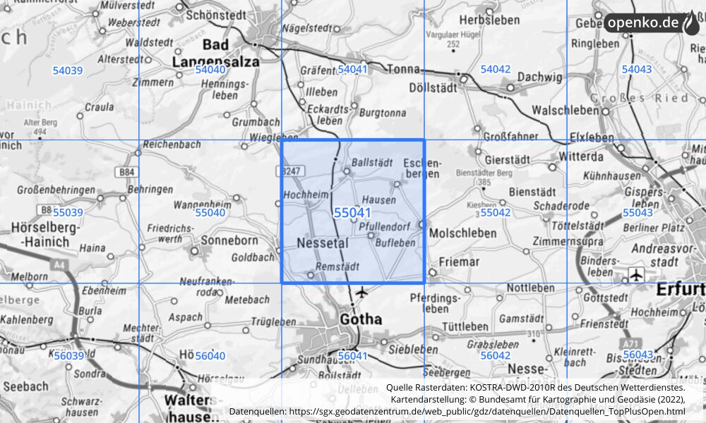 Übersichtskarte KOSTRA-DWD-2010R Rasterfeld Nr. 55041 mit angrenzenden Feldern