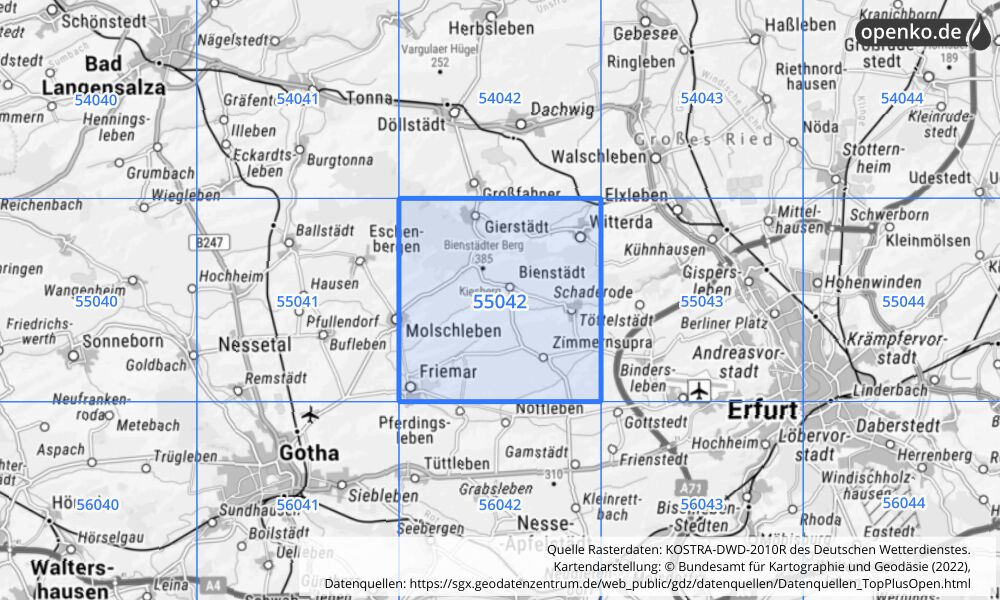 Übersichtskarte KOSTRA-DWD-2010R Rasterfeld Nr. 55042 mit angrenzenden Feldern