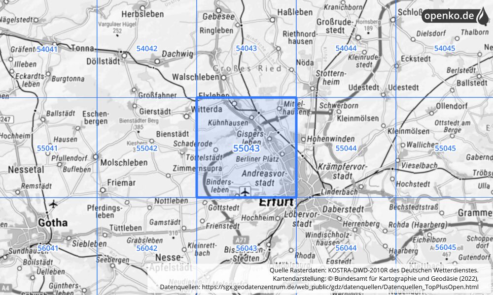 Übersichtskarte KOSTRA-DWD-2010R Rasterfeld Nr. 55043 mit angrenzenden Feldern