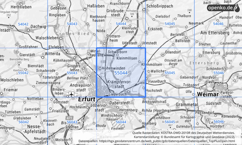 Übersichtskarte KOSTRA-DWD-2010R Rasterfeld Nr. 55044 mit angrenzenden Feldern