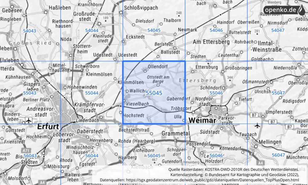 Übersichtskarte KOSTRA-DWD-2010R Rasterfeld Nr. 55045 mit angrenzenden Feldern