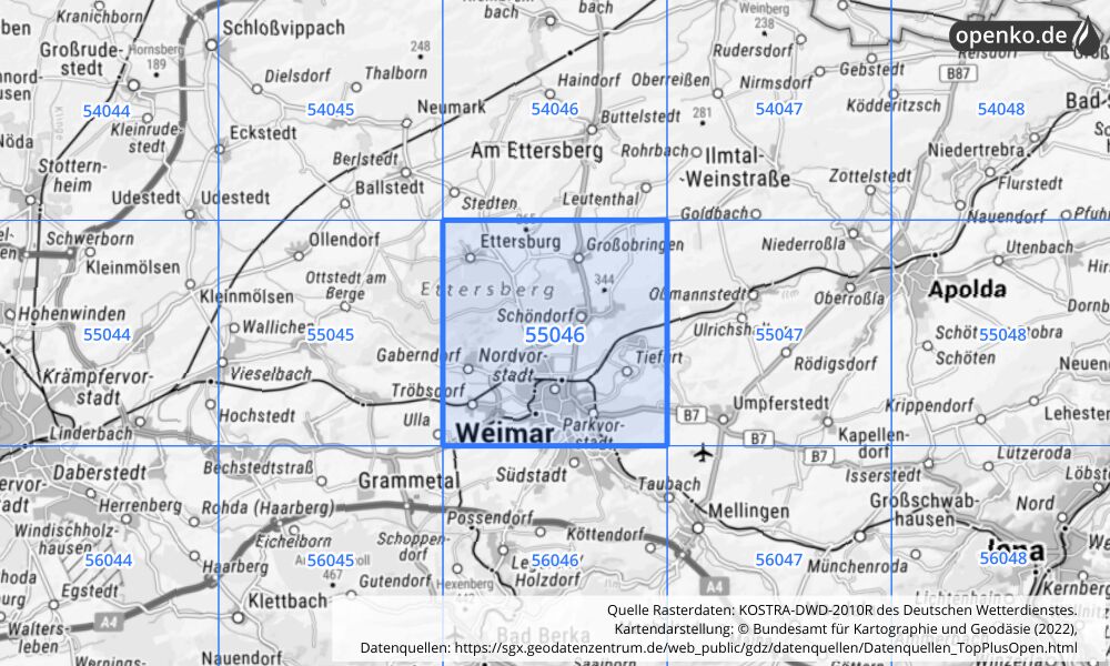 Übersichtskarte KOSTRA-DWD-2010R Rasterfeld Nr. 55046 mit angrenzenden Feldern