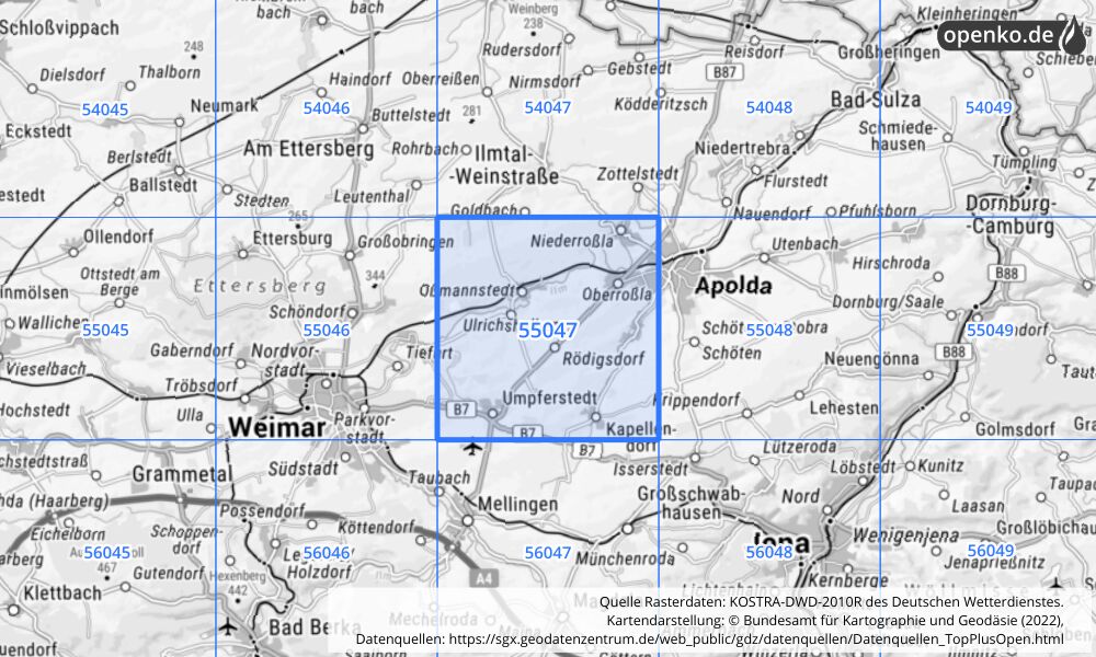 Übersichtskarte KOSTRA-DWD-2010R Rasterfeld Nr. 55047 mit angrenzenden Feldern